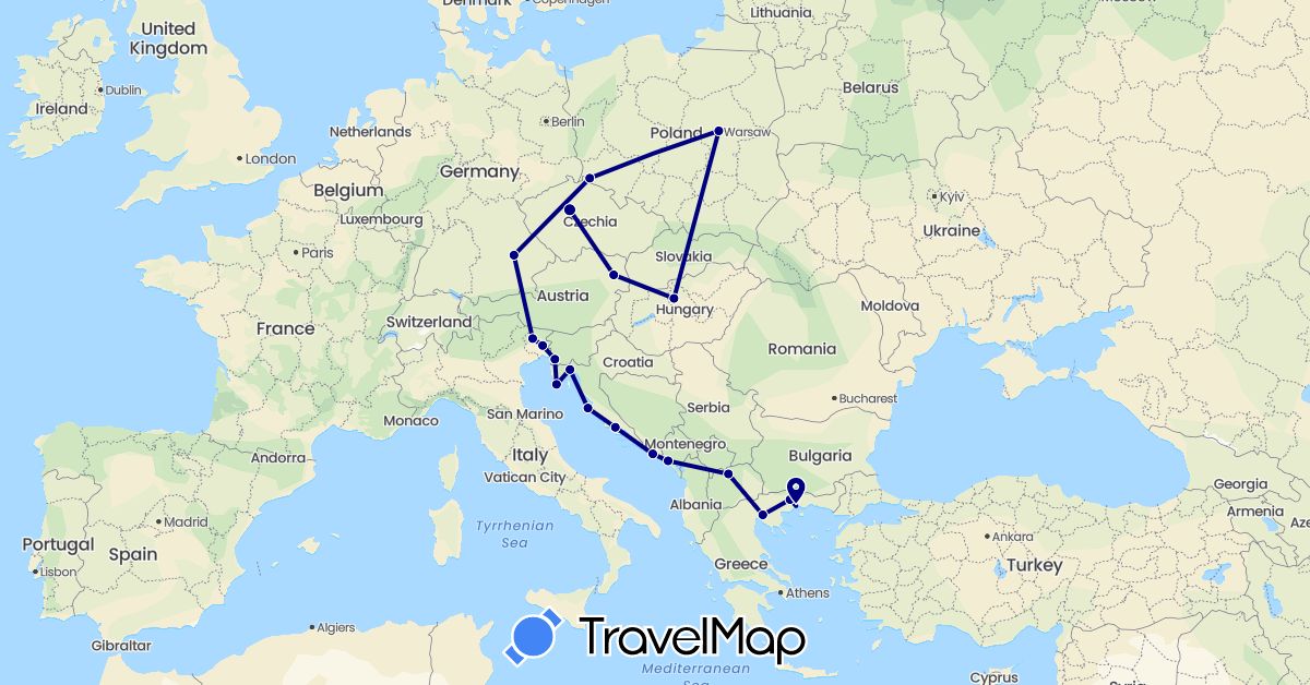 TravelMap itinerary: driving in Austria, Czech Republic, Germany, Greece, Croatia, Hungary, Italy, Montenegro, Macedonia, Poland (Europe)